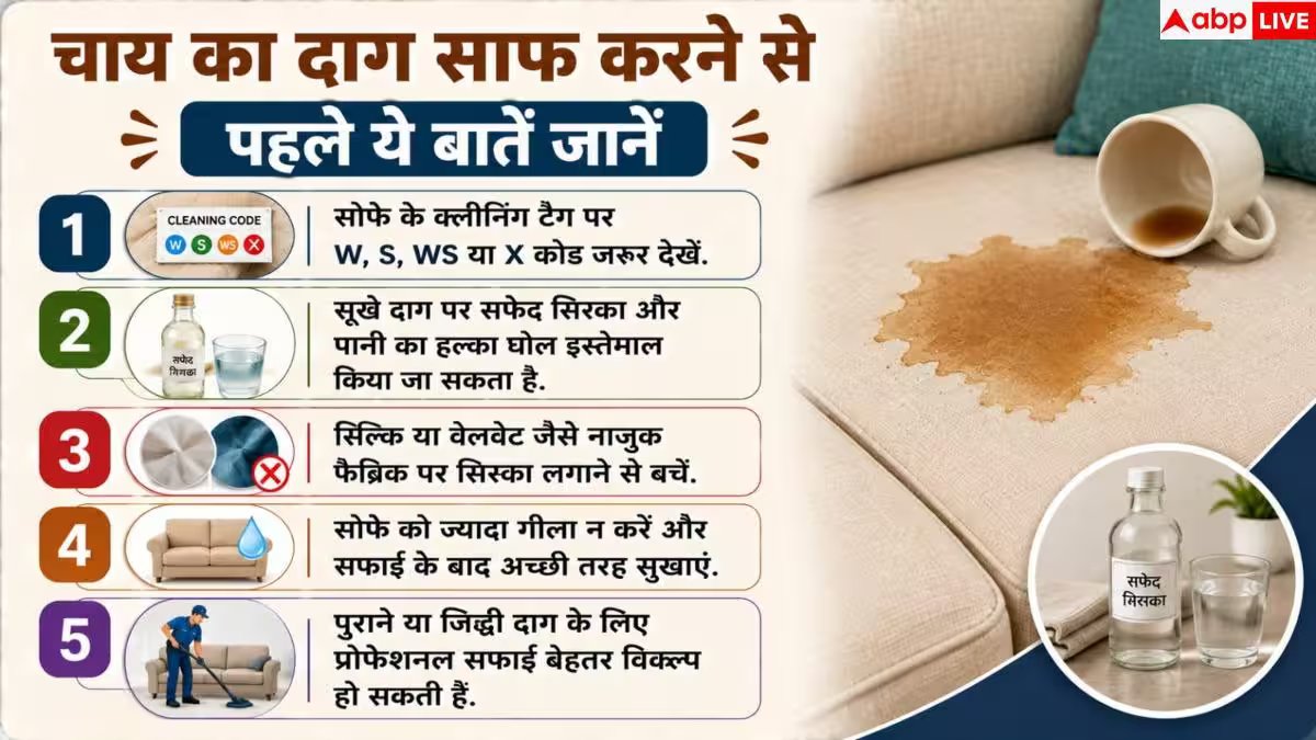Sofa Cleaning Tips: सोफे पर चाय गिर जाए तो तुरंत क्या करें, पाउडर या पानी...क्या आएगा काम?