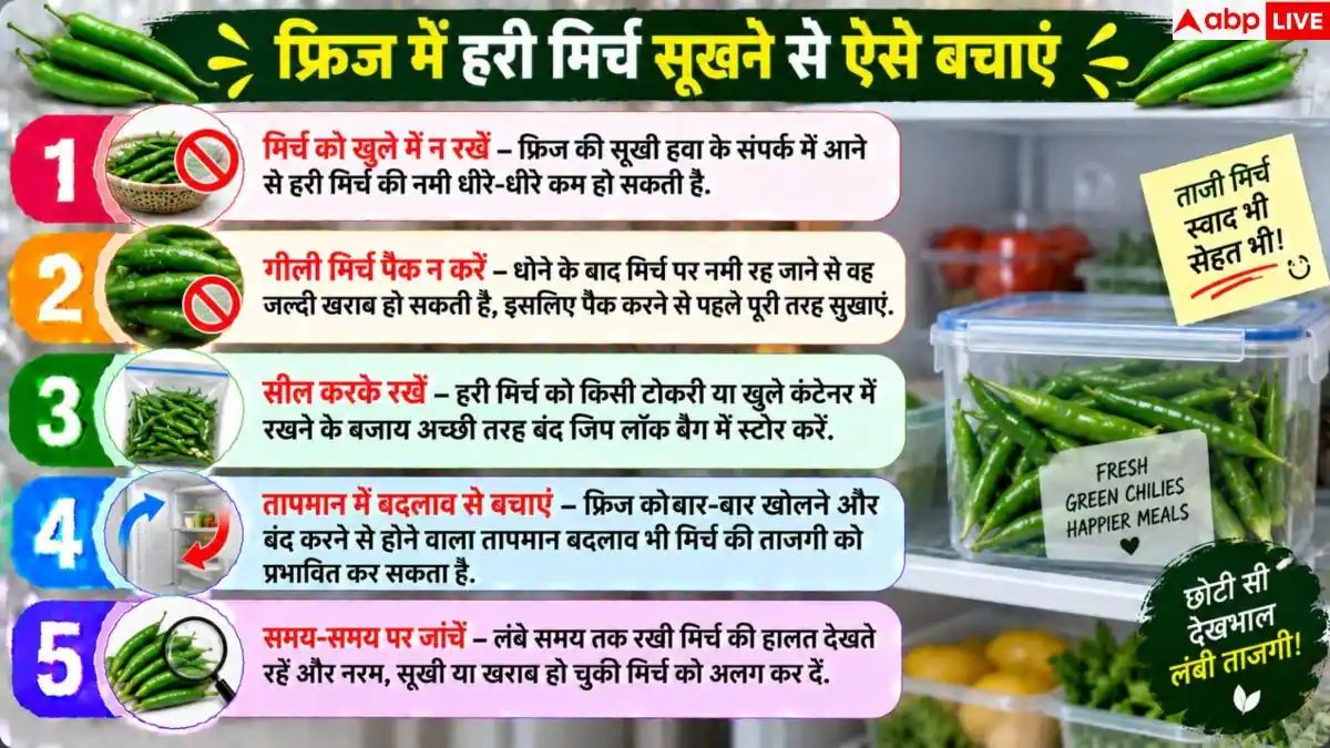 Green Chilli Storage Tips: क्या 4 दिन में सिकुड़ जाती है हरी मिर्च? 1 महीने तक ऐसे रखें फ्रेश